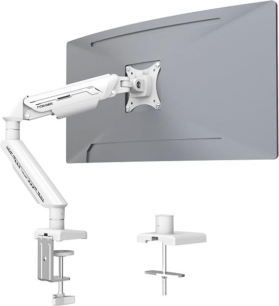 Fydeamer Monitor Halterung Gasfeder Monitor Arm für 17-35 Zoll Bildschirme bis zu 11 kg Einzelner Monitorarm Höhenverstellung Drehen Schwenken Ergonomische Monitorhalterung VESA 75 & 100 Weiß