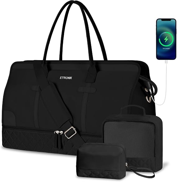 ETRONIK Weekend Overnight Bag for Women, Large Travel Duffle Bags with Shoe Compartment & Wet Pocket, Carry On Tote Gym Duffel with Toiletry Bag, Bags for Hospital 3 Pcs Set, Black, M, Gym Bag