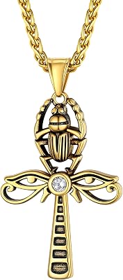 Bestyle Vintage Eye of Horus Ankh Cross Pendant Necklace for Women Men, Solid Stainless Steel Lucky Amulet Chain Necklace Ancient Egyptian of Protection Jewelry