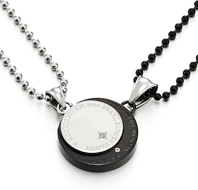 COOLSTEELANDBEYOND A Pair Couples Lovers Steel Moon and Sun Pendant Necklace with Cubic Zirconia for Man Woman Friends
