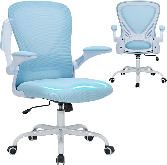 Comfortable Desk Chair Ergonomic Office Chairs with Lumbar Supoort and Flip-up Armrest Comfy Computer Chairs Study Chair for Home Office Blue