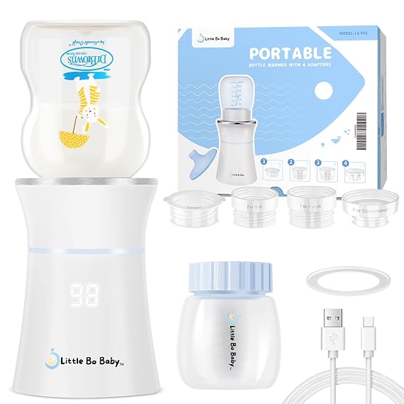 Portable Bottle Warmer Set, Little Bo Baby Portable Warmer with Baby Bottle and Adapter Travel Bottle Warmer for Breastmilk and Formula Bottle Warmer