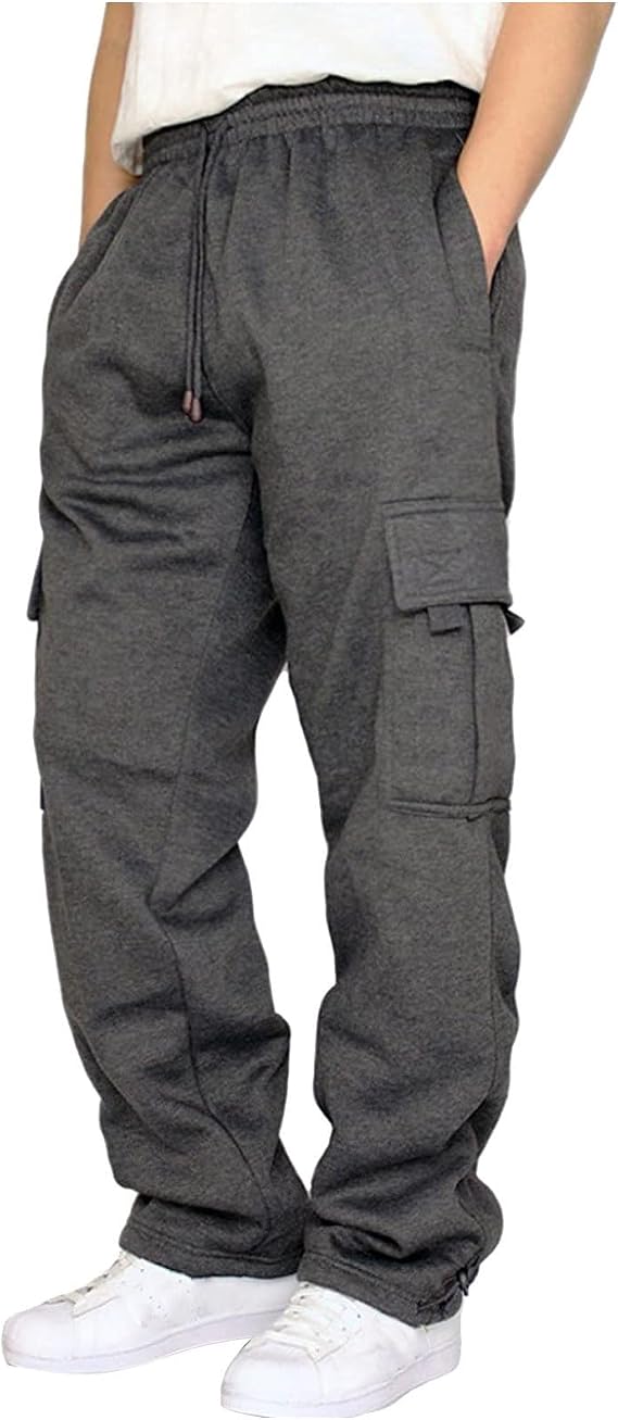 Cargo Sweatpants for Men Baggy Straight Leg Joggers Athletic Workout Drawstring Pants Fleece Hiking Pants Open Bottom Dark Gray