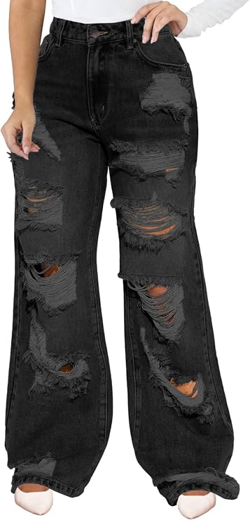 IbuduSexy Women's High Waist Baggy Wide Leg Ripped Denim Jeans