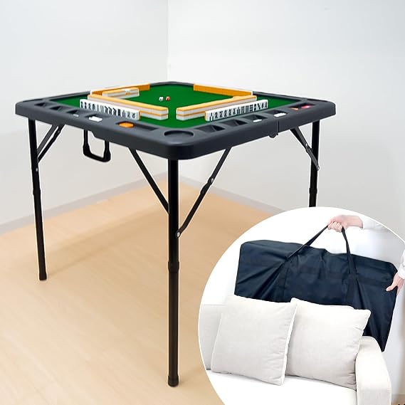 Lightweight & Compact SKK Mahjong Table, Hand-Made, Folding Mahjong Table with Small Stick Storage, Compact Storage, Brushed Mat, Height 2-Stage Adjustment, Small Size, Home Use, with Drink Holder