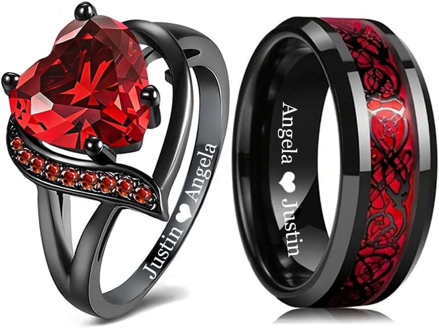 Custom Engraved Couple Rings Set Promise Rings for Him and Her Red and Black Matching Wedding Rings for Couples Engagement Rings Sets Celtic Dragon Tungsten Ring Red Ruby Rings for Women