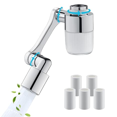 1080 Swivel Faucet Water Filter with 6 Filters, 2 Spray Modes, Splash-Proof Faucet Extender for Kitchen & Bathroom Sink, Brass Aerator for Face/Hand Wash, Toddler-Friendly