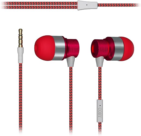 COBY Noise Isolating Metal Wired Earbuds| Wired Headphones w/Tangle Free Braided Wire |Built-in Microphone for Ear Buds| Noise Canceling Headphones w/ 3.5mm AUX| S/M/L Comfort Ear Gels| Red