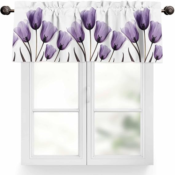 Spring Tulips Valance for Windows Purple Flowers Leaves Abstract Tulips Privacy Rod Pocket Window Treatment Valance Retro Decorative Short Curtain Valances for Kitchen/Living Room/Bedroom 54x18in
