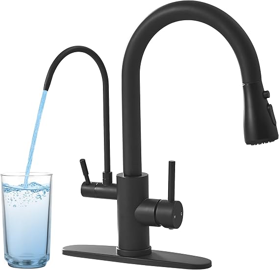 Black Kitchen Faucets with Water Filter and Pull Down Sprayer,Kitchen Sink Faucet,Two Handle Kitchen Sink Faucet with Pull Down Sprayer for 3 Function,Kitchen Faucets Without Water Filtration Device