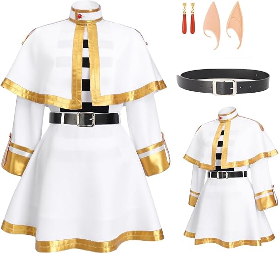 DAZCOS Cosplay Elf Costume Full Set White Cape Skirt Uniform with Pantyhose Belt Ears Halloween Outfit