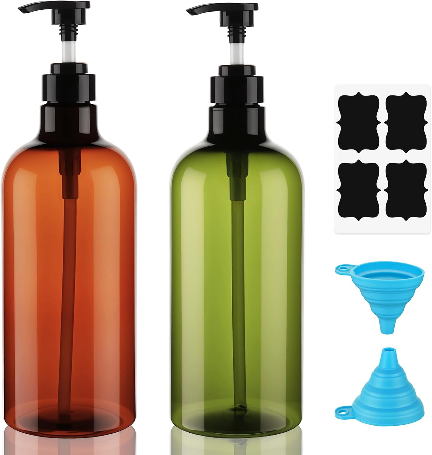 Pump Bottle Dispenser 1000ml 2 Pcs Refillable Plastic Press Pump Bottles Large Empty Liquid Hand Dish Soap Dispensers with Funnel and Labels for Shampoo Conditioner Body Wash Lotion