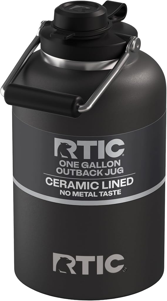 RTIC 1 Gallon Outback Jug, Ceramic Lined, Black | Stainless Steel, Insulated Water Bottle with Lid and Handle, Double Wall Vacuum Insulation