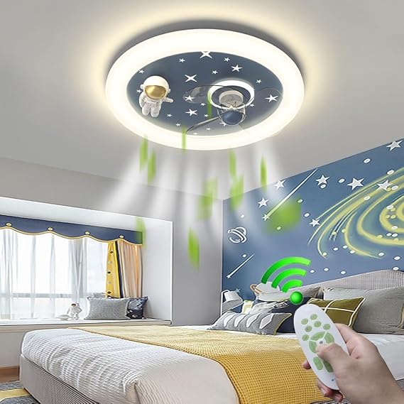 Ceiling Fan with Lighting LED Cartoon Astronaut Design Ceiling Light with Fan Remote Control Quiet 6 Ventilation Speeds Dimmable Timer Lamp for Bedroom Living Room It [Energy Class B]