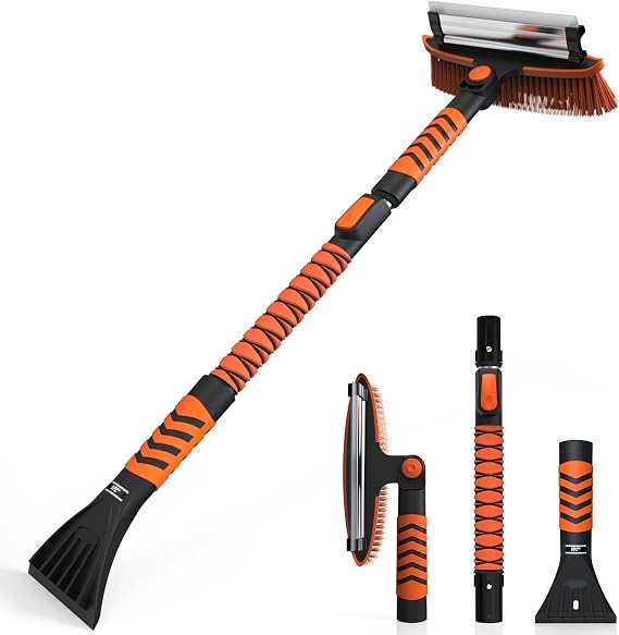 1PZ KD3-KV4 Snow Brush and Ice Scraper 3 in 1 Sturdy Snow Brush with Squeegee Windshield with Foam Grip and 360 Pivoting Brush Head Light Weight Anti-Freeze Extreme Durability for Car Truck SUV