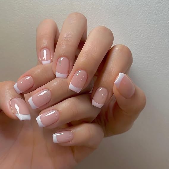 JUSTOTRY 24 Pcs Glossy Short False Nails Square Pattern,White French Press on Nails Short,Trendy Fake Nail,Pink Squoval Stick on Nail for Women and Teens Nail Art