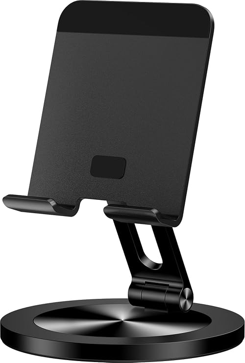 Phone Stand for Desk, 360 Rotating Dual Adjustable Foldable Cell Phone Holder, Heavy Solid All-Aluminum Base Anti-Slip Stable Support for Home Office Study, Fits iPhone Galaxy 4-8" Phones