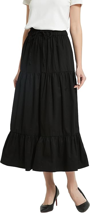 Tronjori Womens A Line Long Midi Denim Skirt Tired Layers with Drawstring