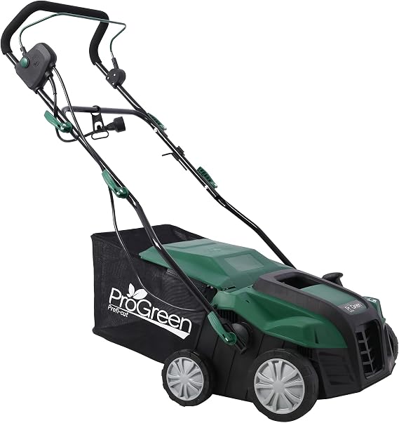 16 Inch 2 in 1 Electric Scarifier and Lawn Dethatcher, Garden Lawn Sweeper, 15 Amp Copper Motor with 5 Position Depth Adjustment, 58QT Removable Collection, Walk Behind (Green)