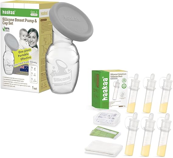haakaa Manual Breast Pump 4oz./100ml with Silicone Cap & Colostrum Collector (0.1oz./4ml,6pcs) Set