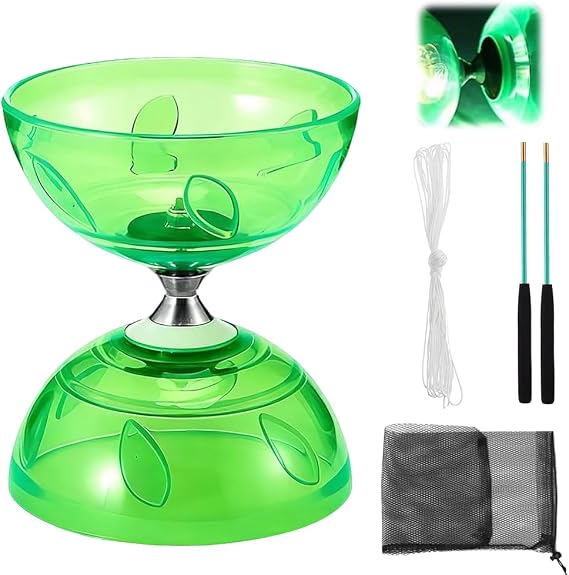 Triple Bearing Diabolo Set, Diablo Toy, Juggling Set with Wooden Sticks, Circus Toys for kids, Focus Development Coordination Activity Training for Kids Ages 8+ Above & Adults, GREEN
