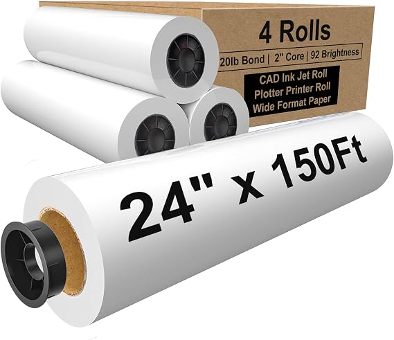 24" x 150ft Wide Format Paper 2" Core, White Plotter Paper CAD Bond 4 Rolls