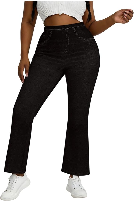 Stretchy Flare Jeans for Women High Waisted Pull On Soft Bell Bottom Jean Trendy Elastic Tummy Control Faux Denim Pants