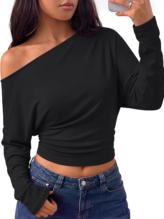 Trendy Queen Off the Shoulder Tops for Women Cinched Waist Shirts 2026 Fall