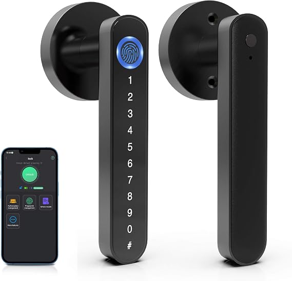 eLinkSmart Fingerprint Door Knob Lock, Smart Keyless Entry Door Lock with Code Keypad Handle, Electronic Biometric Security Locking Door Lever Locks for Bedroom Apartment Hotel Interior - Black