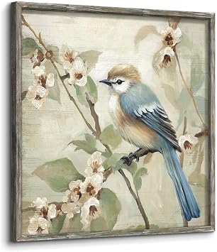 Bird Floral Wooden Wall Art: Framed Tree Bird on the Branch Picture Prints Elegant Blossom Flower Painting Vintage Animal Artwork for Bedroom