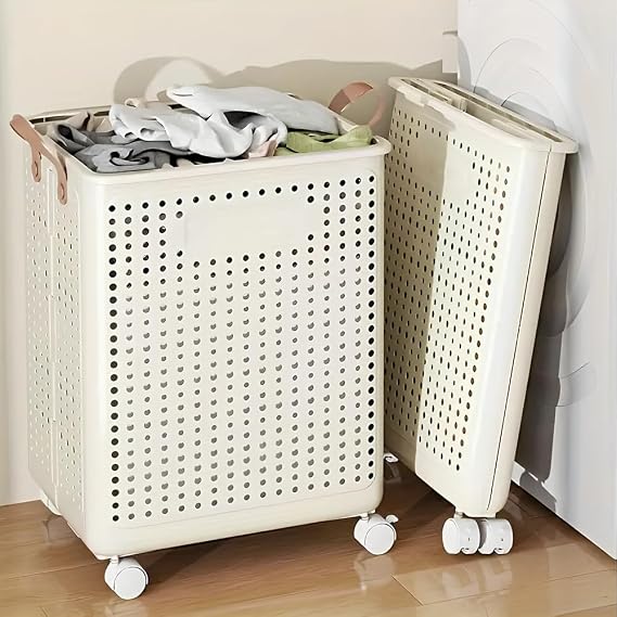 Laundry Basket on Wheels, Plastic Laundry Basket Clothes Hamper with Handle, Fodable Rolling Laundry Hamper, Breathable Hollow, Clothes Storage Washing Bin Basket Hamper for Bathroom Bedroom