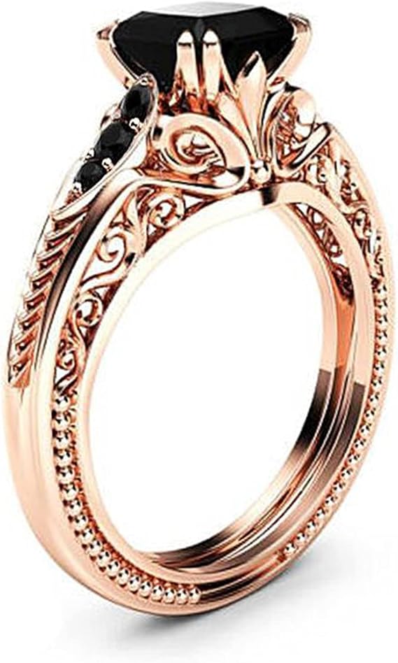 925 Sterling Silver Shiny Full Diamond Black Gemstone Ring Cubic Zirconia Rings CZ Diamond Ring Eternity Engagement Wedding Band Ring for Women (Golden, US Code 8)