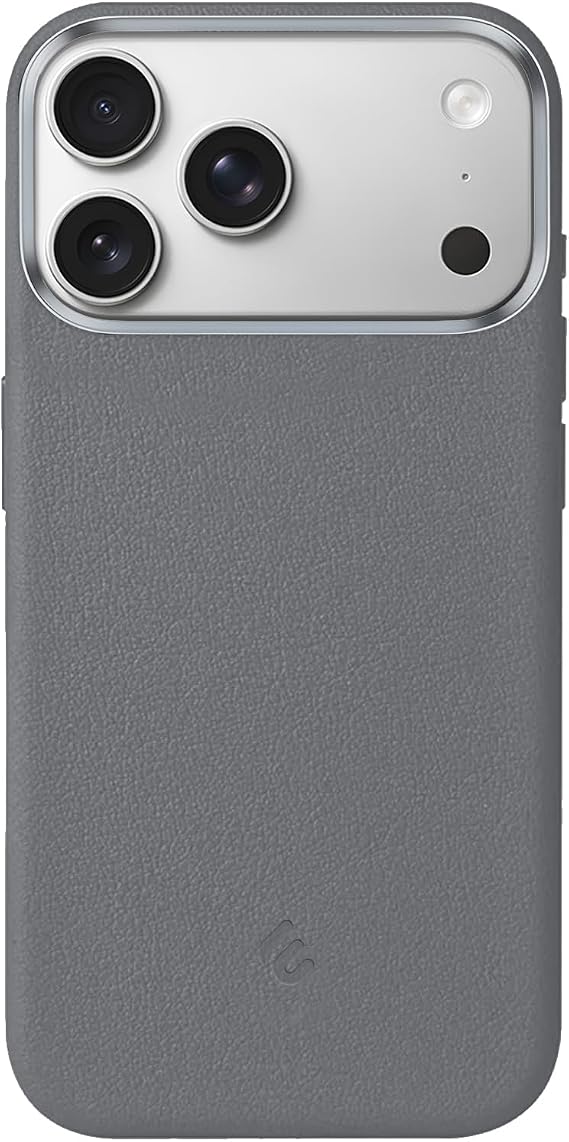 Minesk iPhone 17 Pro Max için MagSafe ile Uyumlu Çizilmeyen ve Parmak İzi Tutmayan Deri Görünümlü Metal Tuşlu ve Metal Lens Çerçeveli Hybrid Silikon Kılıf (Gri, 17 Pro Max)