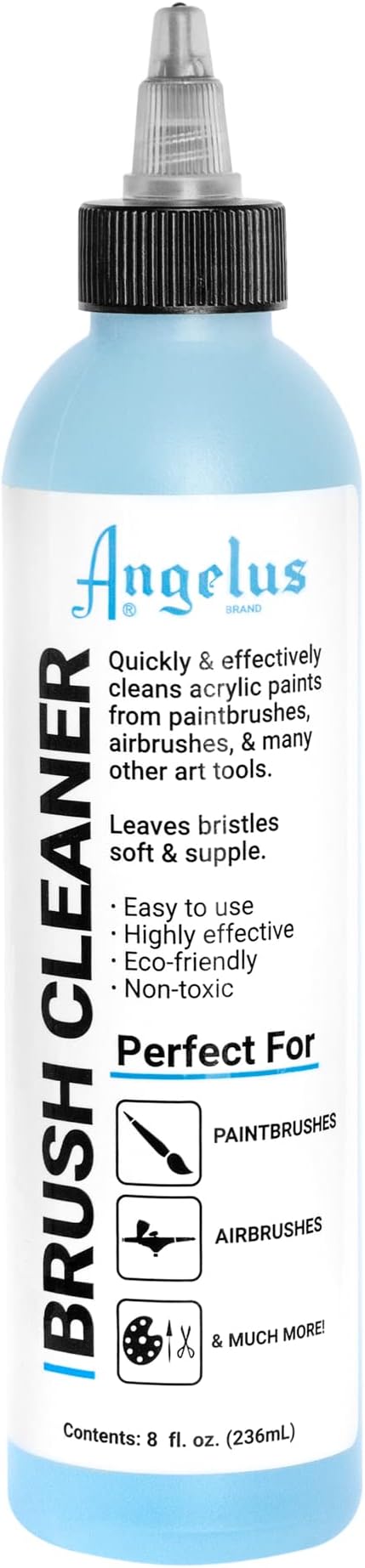 Angelus Brush Cleaner Fast-Acting Cleaner for Brushes, Airbrushes & Art Tools Effectively Removes Dried Acrylic, Oil, and Water-Based Paints, 8 ounces