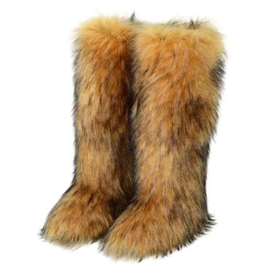 Women's Faux Fur Boots Long Furry Knee High Boots Winter Comfy Plush Warm Snow Boots Fuzzy Outdoor Boots Fluffy Indoor Flat Shoes