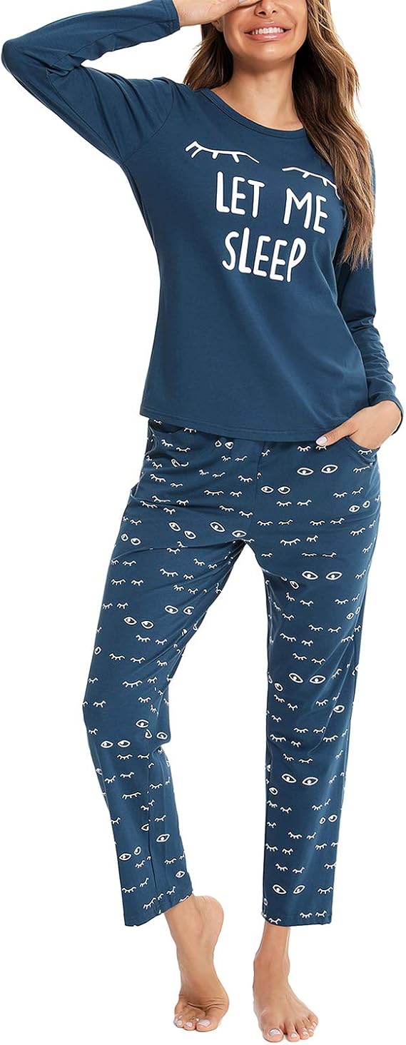 EISHOPEER Women's 2 Piece Cotton Long Sleeve Pajamas Set Cute Print Top and Pants Pjs Loungewear Sleepwear Sets