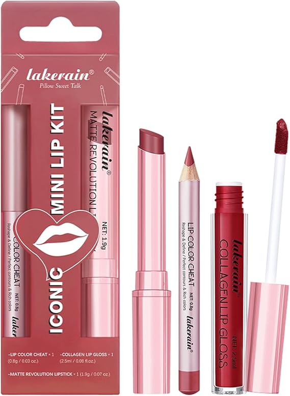 3PCS Matte Liquid Lipstick Lip Balm & Lip Liner Lip Kit | Hydrating Tinted Red Lip Balm, Collagen Lip Gloss For Dry Lips, Waterproof Make Up Set (# 02 Red Rose)