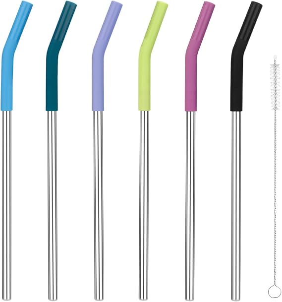 Zenbo 6 Pack Stainless Steel Straws with Silicone Tips and Cleaning Brush
