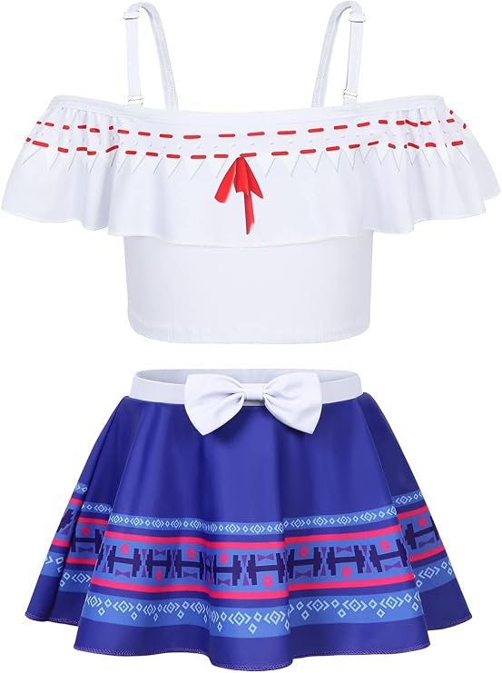 COTRIO Princess Bathing Suit for Girls Princess Swimsuit Girl Floral Ruffle 2 Piece Bikini Set Swimming Suits Off Shoulder Beach Swimwear Size 6 (5-6 Years, Blue)