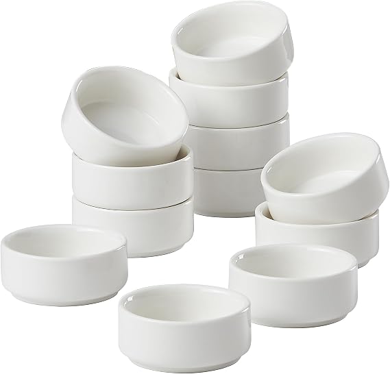 ONEMORE 12PCS Mini Porcelain Ramekins - 2oz Small Souffle Cups for Dipping Sauces, Ketchup, Salsa, Jams, Condiments, Elegant White Ceramic Dishes, Dishwasher & Oven Safe