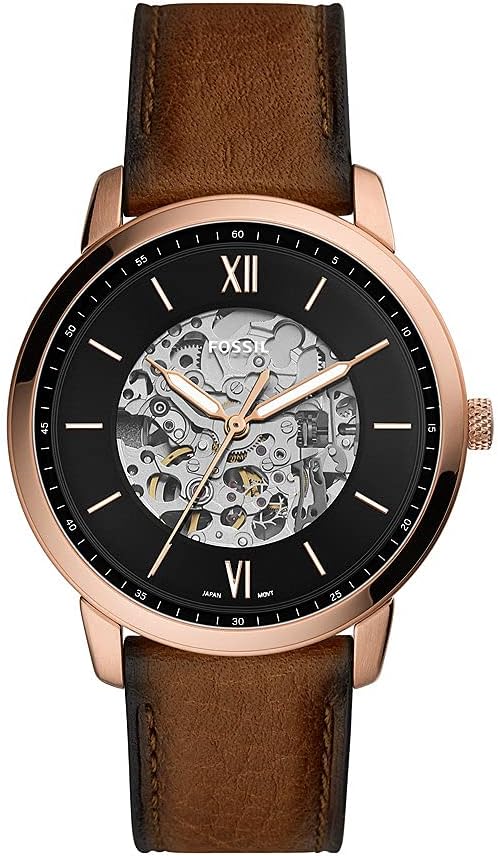 Fossil Neutra Watch for Men, Automatic Movement with Stainless Steel or Leather Strap, Brown and Rose Gold Tone, 44 millimeters, Strap