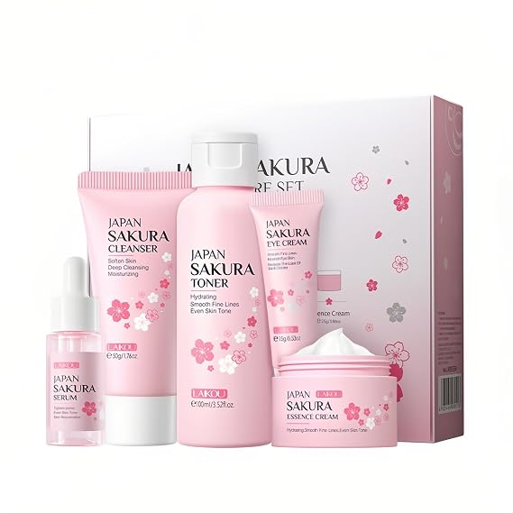 Skincare Set for Women, Skin Moisturizing Kit SAKURA Clean & Care for Teen Girls, Travel Daily Hydration Glowing Kit| Cleanser Toner Serum Eye Cream Face Cream (5PCS)