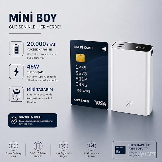PW501 20.000 mAh 45W PD Çift Type-C + 22.5W USB Çıkışlı Dijital Göstergeli Hızlı Şarj Powerbank-Beyaz