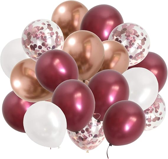 Chrome Rose Gold Burgundy Balloons - 50Pieces White Metallic Rose-Gold Dark Red Balloons for Birthday Women Wedding Bridal Shower Anniversary Party Decorations