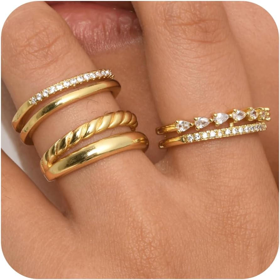 Stackable Gold Rings for Women - 14K Gold Plated Open Ring Set,Non Tarnish Adjustable Statement Stacking Thumb Band Eternity Rings,Trendy Cubic Zirconia Promise Engagement Wedding Jewelry Gift for Her