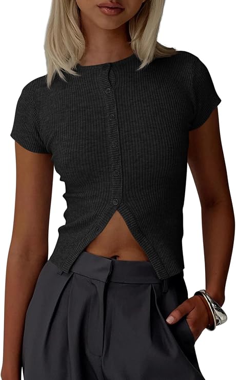 Imily Bela Womens Short Sleeve Y2K Summer Tops Button Down Tshirt Ribbed Knit Slim Fit Sweater Cropped Cardigan