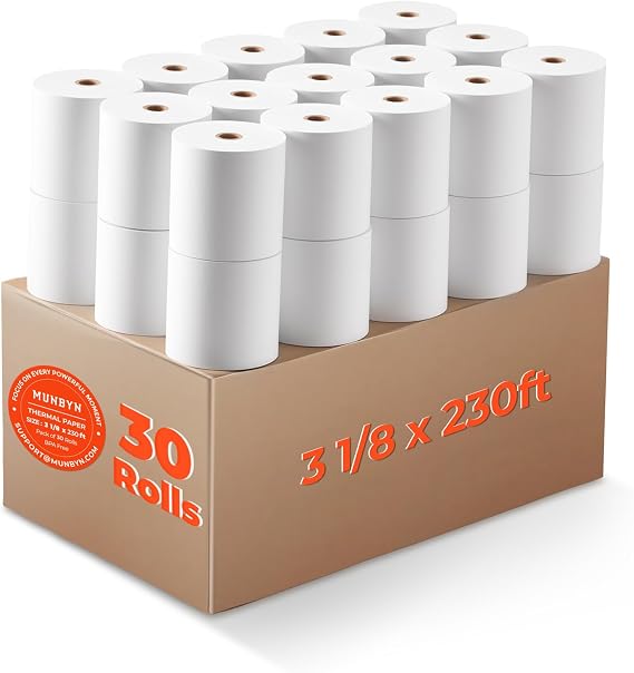 MUNBYN Thermal Paper 3 1/8 x 230ft, 30 Rolls Receipt Paper Work for Star Micronics TSP100 TSP143 Epson 80mm Receipt Printer Square POS Register Credit Card Terminals, Pos Register Paper BPA Free