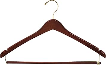 Curved Wood Suit Hanger w/Locking Bar, Box of 50 17 Inch Hangers w/Walnut Finish & Brass Swivel Hook & Notches for Shirt Dress or Pants