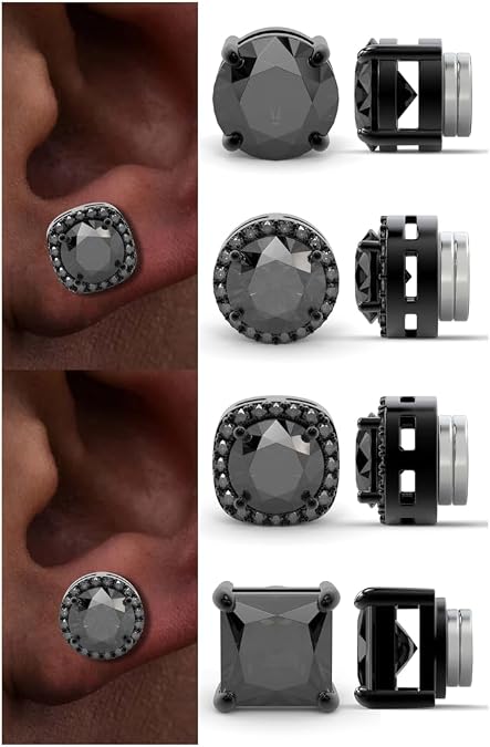 4 Pairs Magnetic Earrings for Men, 5A CZ Stainless Steel Clip On Earring