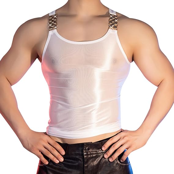Glossy Mens Sleeveless Vest Sports Workout Tank Top Undershirt Sexy Sheer Shirt